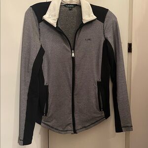 Lauren Ralph Lauren Black and White Pinstripe Zip Up Size Small PTP 17.5”